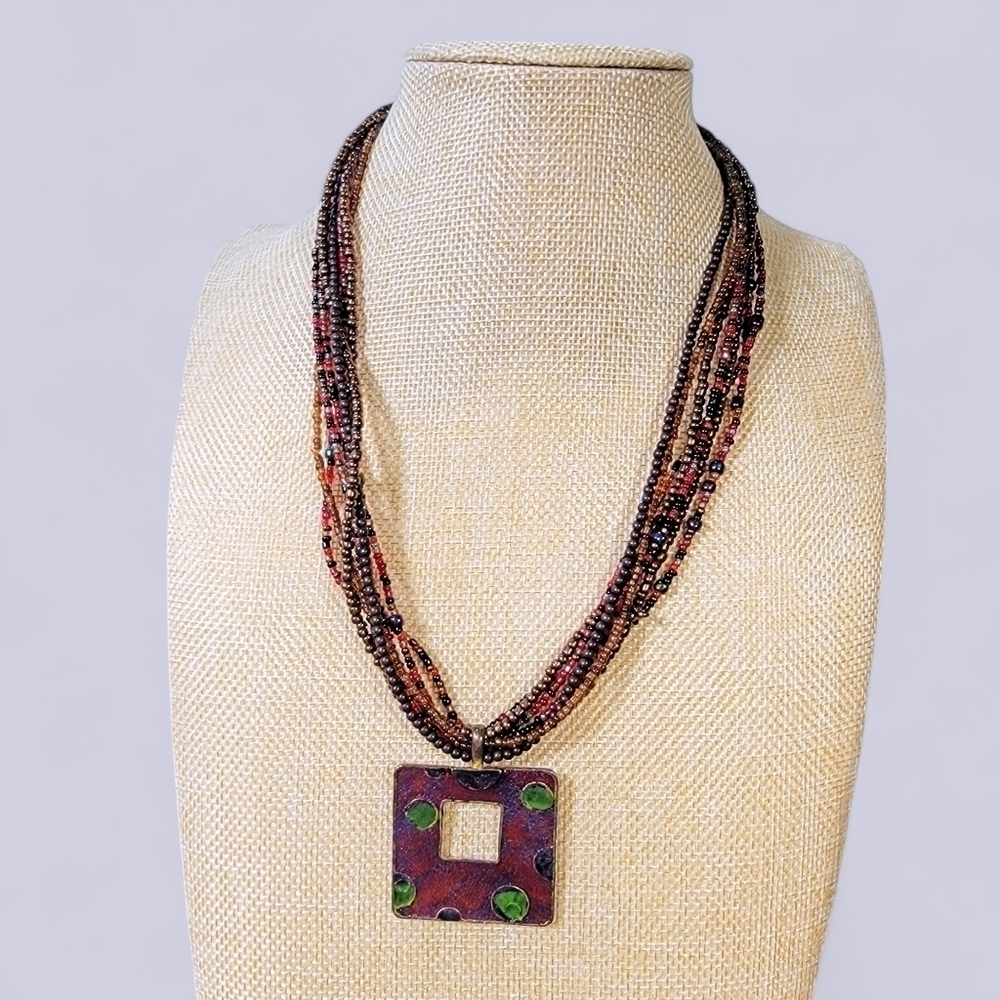 Multi strand seed Bead Necklace Square enamel pendant purple green polka dot